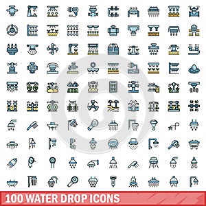 100 water drop icons set, color line style