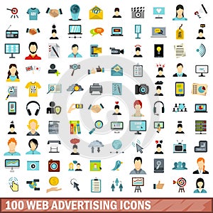 100 web advertising icons set, flat style