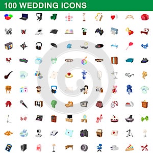 100 wedding icons set, cartoon style