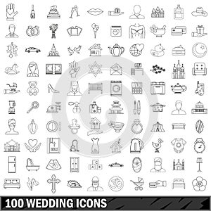 100 wedding icons set, outline style