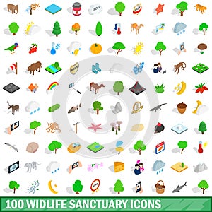 100 widlife sanctuary icons set, isometric style