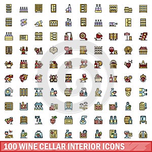 100 wine cellar interior icons set, color line style