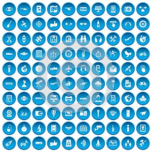 100 wireless technology icons set blue