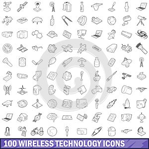 100 wireless technology icons set, outline style