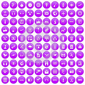 100 wireless technology icons set purple