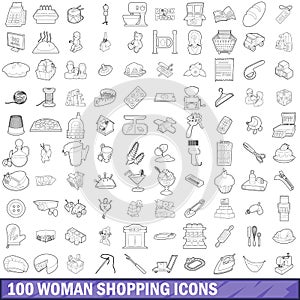 100 woman shopping icons set, outline style