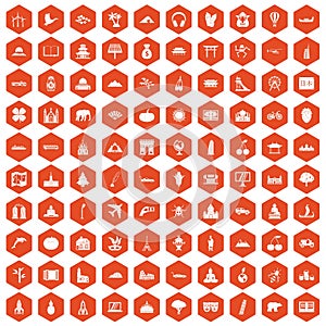 100 world icons hexagon orange