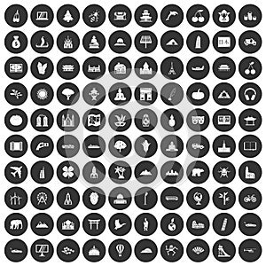 100 world icons set black circle