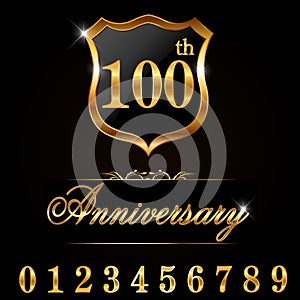 100 year anniversary golden label, 100th anniversary decorative golden emblem