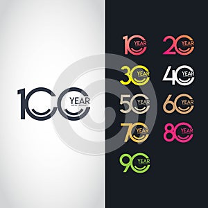 100 Year Anniversary Set 10 20 30 40 50 60 70 80 90 Vector Template Design Illustration