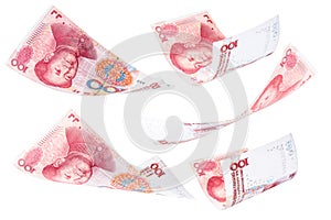 100 yuan banknotes falling together, Renminbi or rmb, draw concept, big luck, payment, millionaire prize