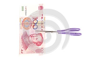 100 yuan banknotes with scissors(Chinese currency)