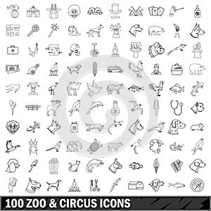 100 zoo and circus icons set, outline style