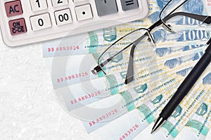 1000 Hungarian forint bills fan and calculator with glasses and pen. Business loan or tax payment season concept