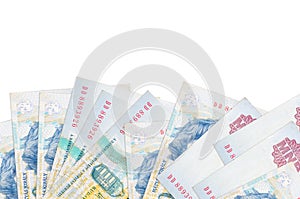 1000 Hungarian forint bills lies on bottom side of screen isolated on white background with copy space. Background banner template