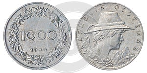 1000 kronen 1924 coin isolated on white background, Austria