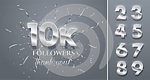 10000 followers celebration vector banner with text and numbers set. Social media achievement poster. 10k followers