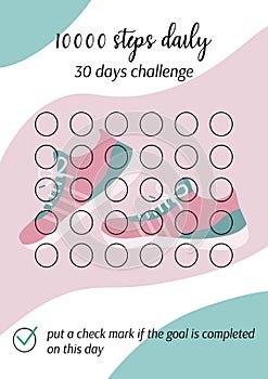 10000 steps daily activity tracker. Walk every day for health. Personal 30 days challenge printable template. Good habit walking