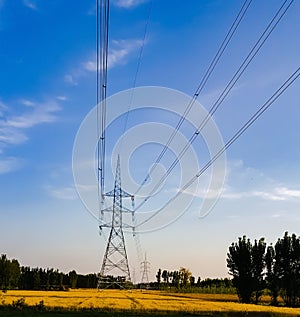 100000 volts  power electricity line over field in pakistan