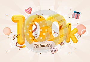 100k or 100000 followers thank you Pink heart, golden confetti and neon signs. Social Network friends, followers, Web