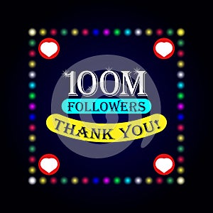 100M followers thank you greeting card with colorful lights on dark background