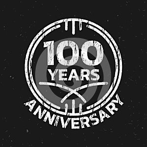 100th Anniversary logo or icon. 100 years round stamp design with grunge, rough texture. Birthday celebrating, jubilee