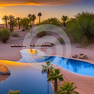 1020 Desert Oasis: A serene and picturesque background featuring a desert oasis with palm trees, golden sand dunes, and warm col