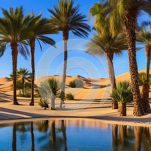 1020 Desert Oasis: A serene and picturesque background featuring a desert oasis with palm trees, golden sand dunes, and warm col