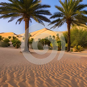 1020 Desert Oasis: A serene and picturesque background featuring a desert oasis with palm trees, golden sand dunes, and warm col