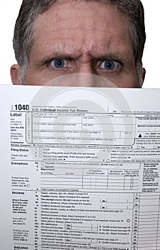 1040 Tax Form Angry Man Hold Forms, Doing Taxes