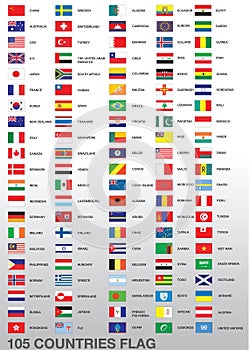 Una serie di bandiere di 105 paesi isolati su uno sfondo.
