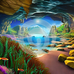 1057 Mystic Underwater Caves: A magical and enchanting background featuring mystical underwater caves with glowing crystals, aqu