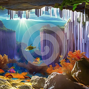 1057 Mystic Underwater Caves: A magical and enchanting background featuring mystical underwater caves with glowing crystals, aqu