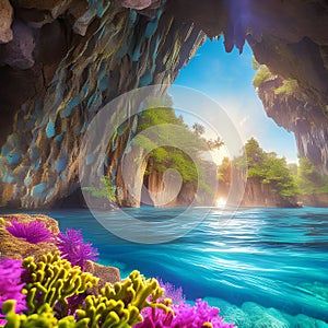 1057 Mystic Underwater Caves: A magical and enchanting background featuring mystical underwater caves with glowing crystals, aqu