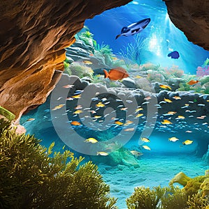 1057 Mystic Underwater Caves: A magical and enchanting background featuring mystical underwater caves with glowing crystals, aqu