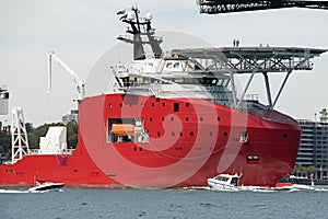 A 106 meter Transport Ship with helipad at Sydney navy centenary celebrations closeup view. Australia