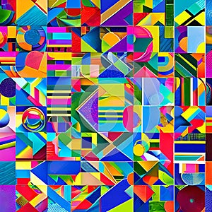 1064 Abstract Geometric Collage: A vibrant and dynamic background featuring an abstract collage of geometric shapes in bold and