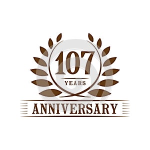 107 years anniversary celebration logo. 107th anniversary luxury design template. Vector and illustration.