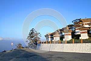 The 108 chortens stupas at Dochula Pass on the road from Thimphu to Punaka, Bhuta