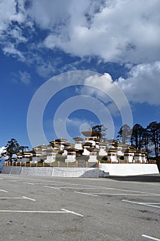 The 108 memorial chortens or stupas known as Druk Wangyal Chortens at the Dochula pass, Bhutan