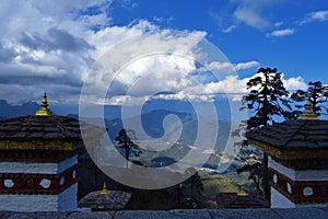 The 108 memorial chortens or stupas known as Druk Wangyal Chortens at the Dochula pass, Bhutan