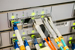 10G main server interfaces. Front panel of the central data center router. Modern high-speed switching equipment of the Internet