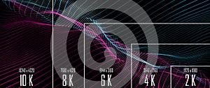 10K/ 8K/ 6K / 4K / 2K tv resolution display with comparison of resolutions. 3D render