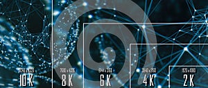 10K/ 8K/ 6K / 4K / 2K tv resolution display with comparison of resolutions. 3D render