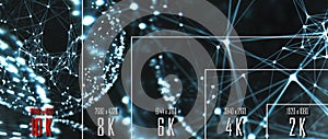 10K/ 8K/ 6K / 4K / 2K tv resolution display with comparison of resolutions. 3D render