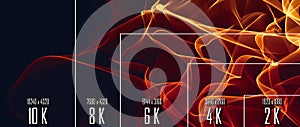 10K/ 8K/ 6K / 4K / 2K tv resolution display with comparison of resolutions. 3D render