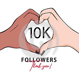 10k followers banner love heart hands , thank you greeting for sunscribers and followers vector, social media template