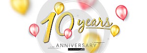 10th Anniversary celebration background. Frame banner with realistic 3d air balloons. Birthday party event. Vector