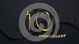 10th Anniversary celebration. Golden number 10 on black paper cut background with golden glitters.  Vector festive illustration. B