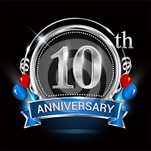 10th anniversary logo with silver ring, balloons and blue ribbon. Vector design template elements for your birthday celebration